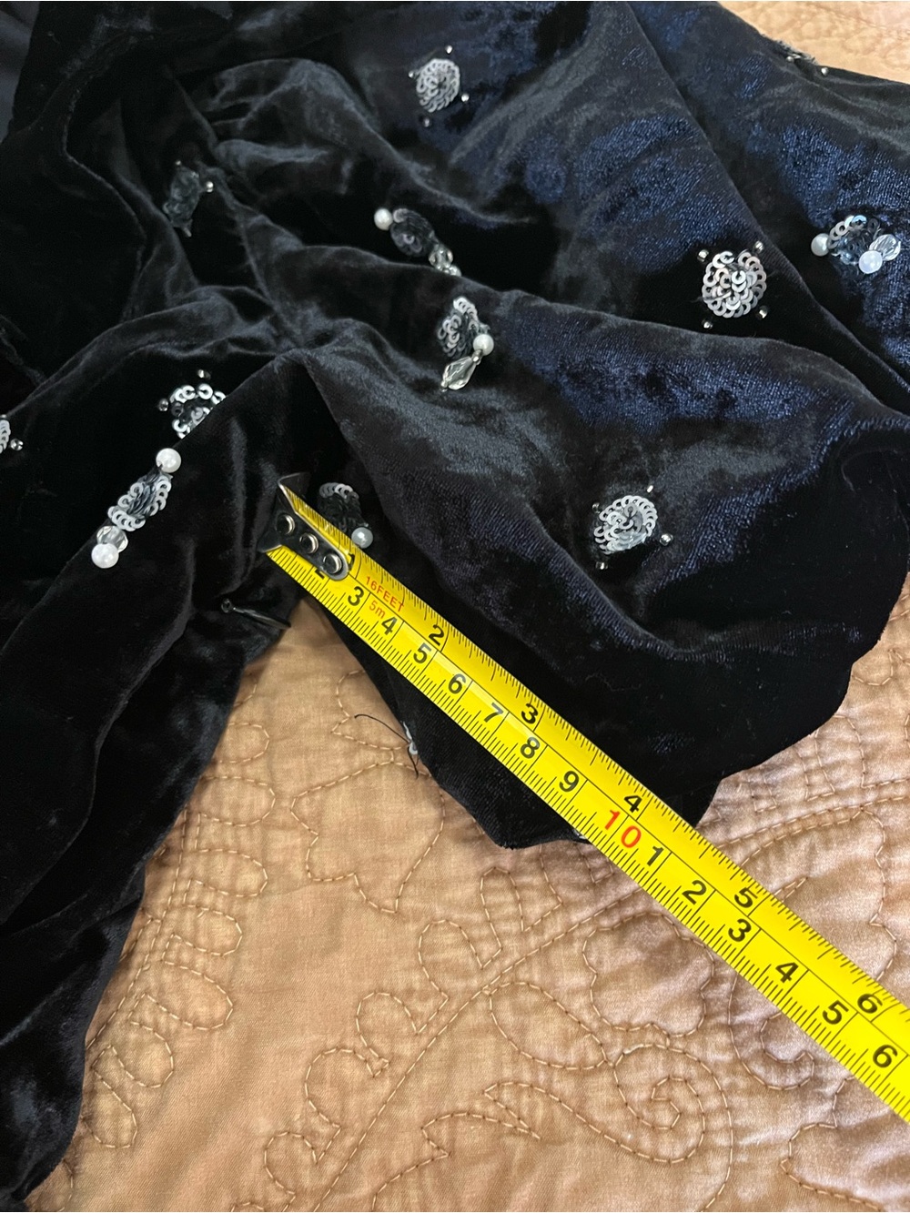 Anthropologie Maeve Black Luxe Velvet Dress Embellished Jewels Puff 8P Mini - Picture 8 of 9
